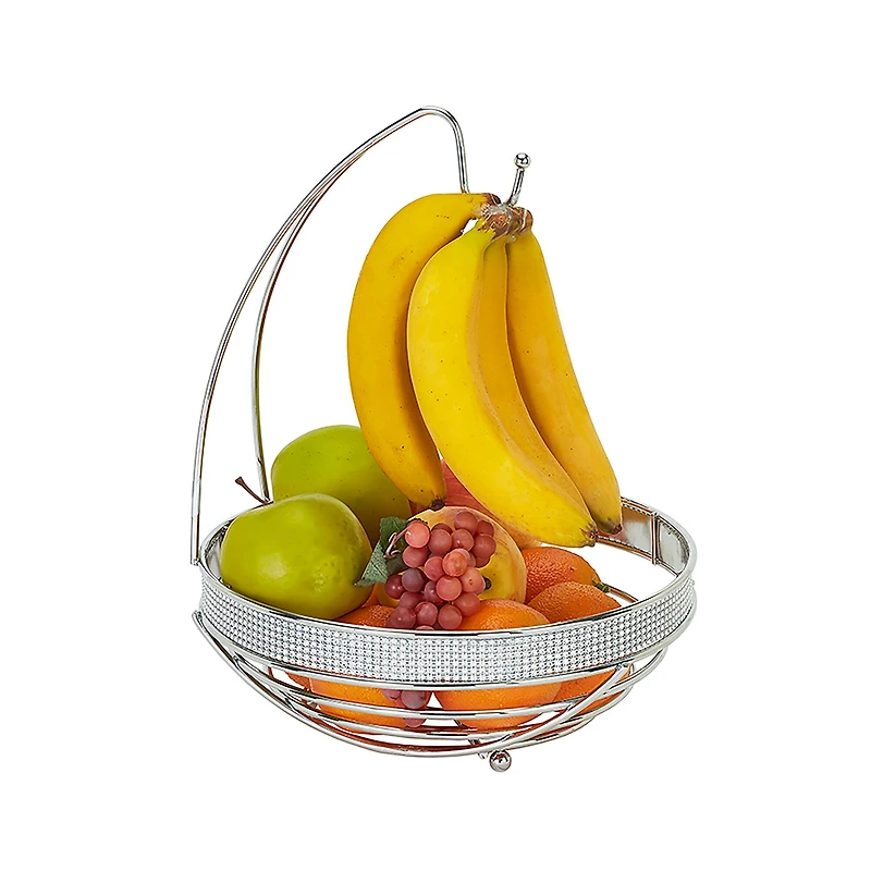 Kitchen Details Round Chrome Pave Diamond Fruit Basket with Banana Tree