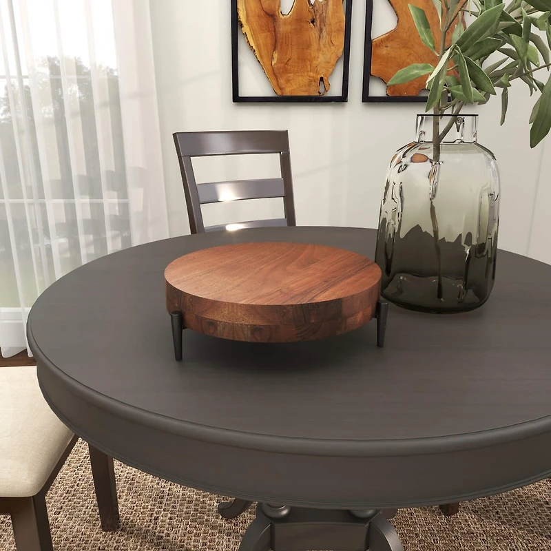 12" Brown Wood Tray with Black Metal Legs