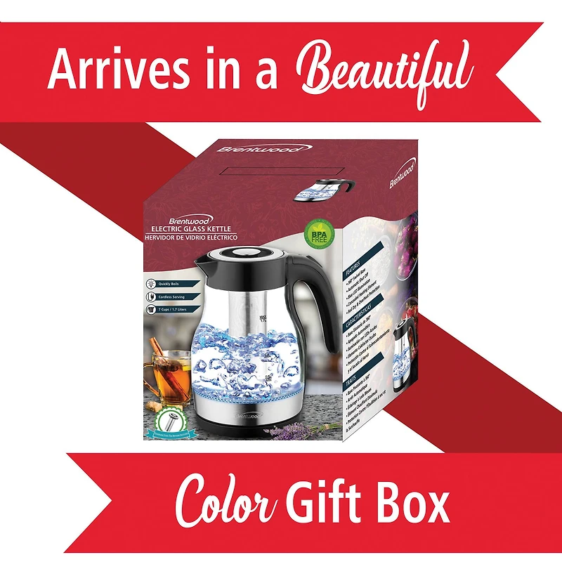 Brentwood 1.79qt. Black Cordless Glass Electric Kettle with Tea Infuser and Swivel Base