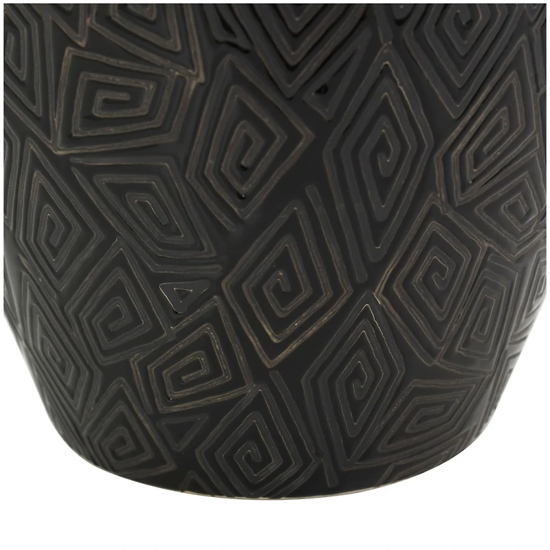 19" Black Ceramic Vase with Geometric Etchings