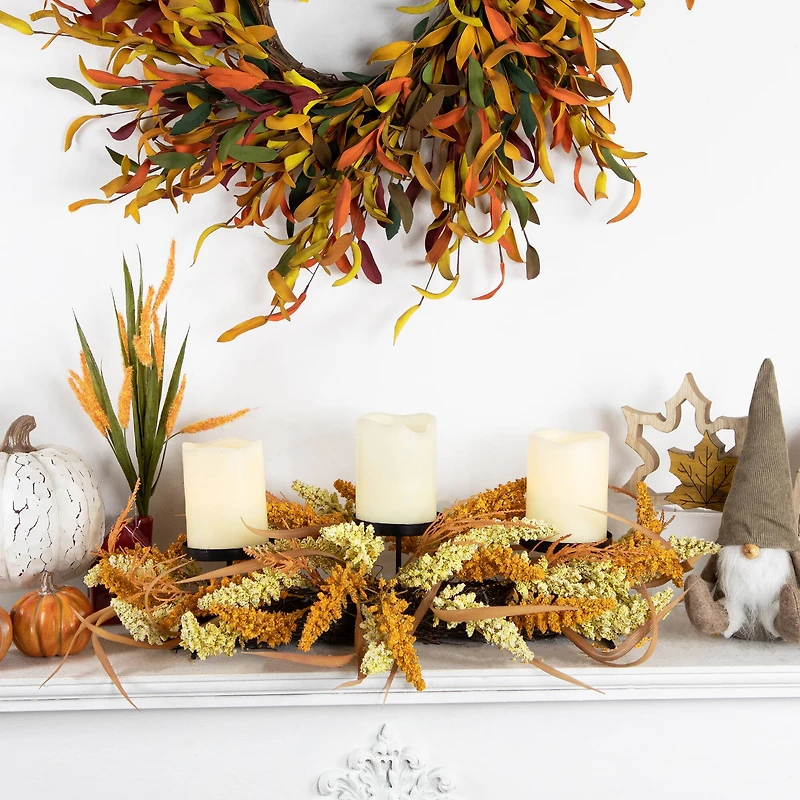 22" Autumn Harvest Triple Candle Holder with Artificial Fall Foliage