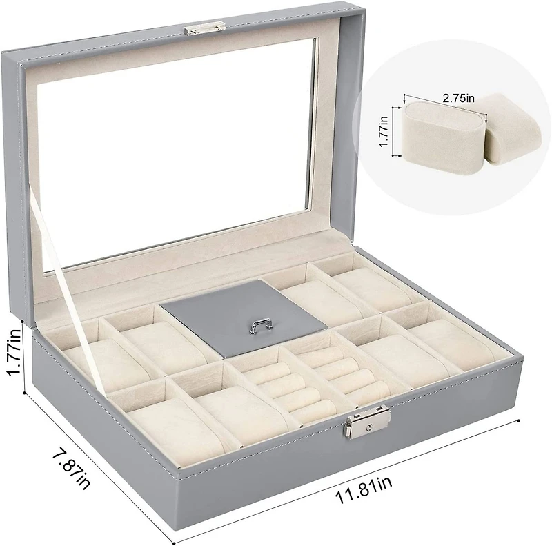 NEX™ 12" 8-Slot Lockable Artificial Leather Watch Case Organizer