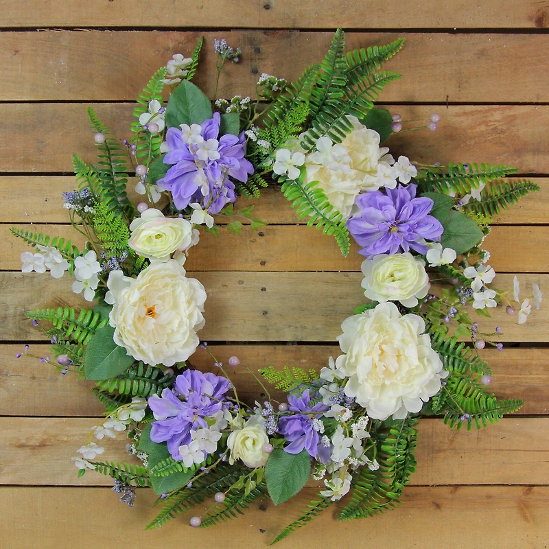 22" Purple & White Peony & Daisy Assorted Foliage Artificial Spring Wreath
