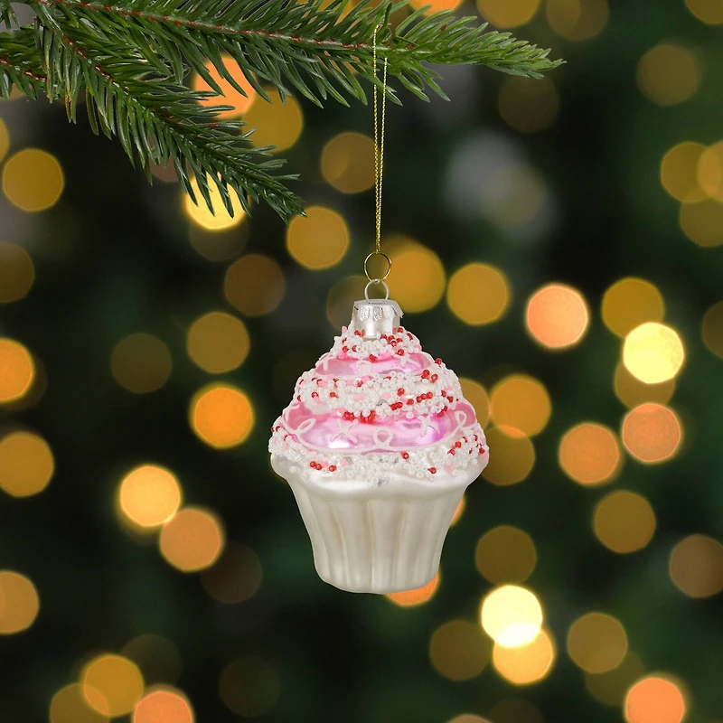 4" Pink & White Cupcake with Sprinkles Glass Ornament