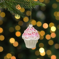 4" Pink & White Cupcake with Sprinkles Glass Ornament