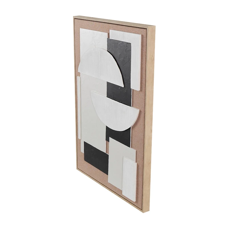 25" x 37" Brown Wooden Geometric Wall Art with Abstract Black and White Shapes
