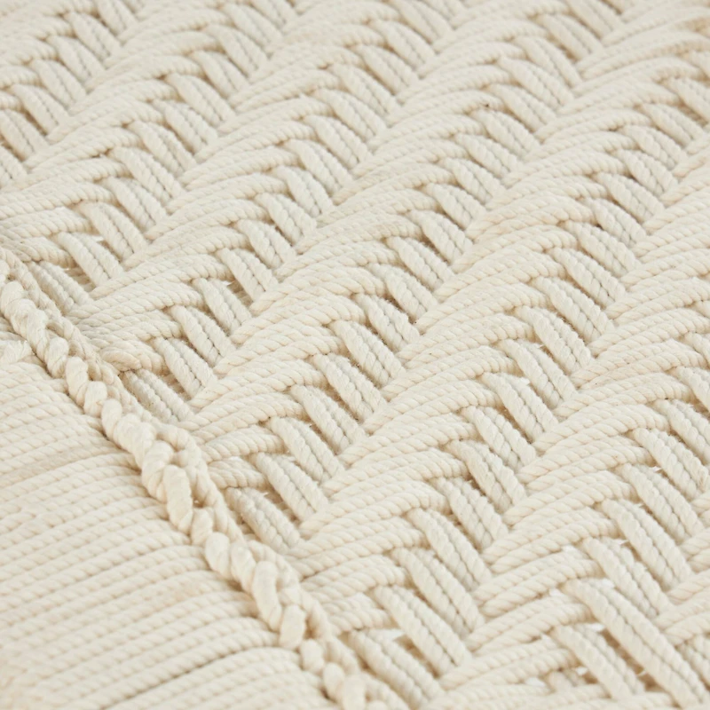 Beige Cotton Handmade Woven Chevron Bench with Mango Wood Legs