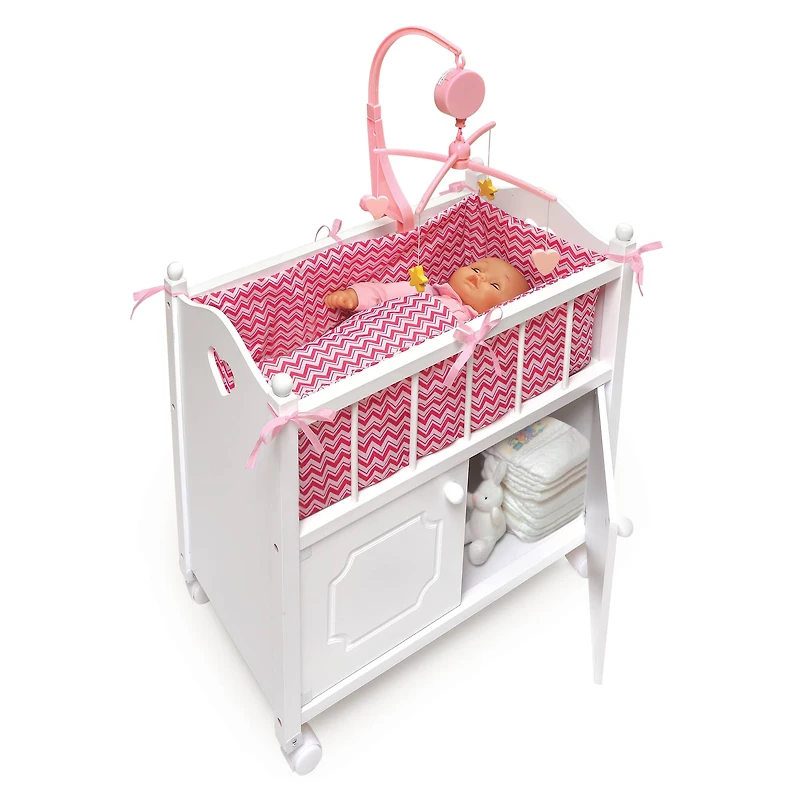 Badger Basket White Cabinet Doll Crib with Pink & White Chevron Bedding