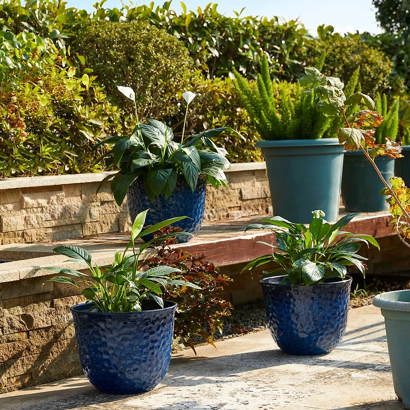 Glitzhome® 11.75" Honeycomb Textured Cobalt Blue Faux Ceramic Plastic Planters, 3ct.