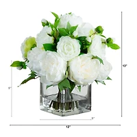 Wedding Collection 13in. Peony and Camellia Artificial Arrangement in Glass Vase