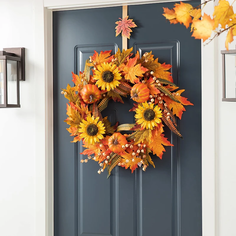 Glitzhome® 24" Fall Sunflower Pumpkin Leaf Wreath