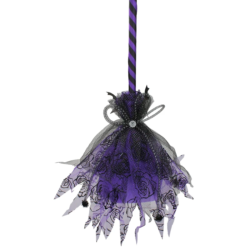 29" Purple & Black Striped Animated Witches Halloween Broom with Bat Accents