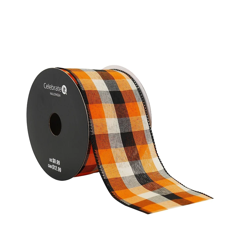 2.5" x 20ft. Navy & Orange Plaid Wired Ribbon by Celebrate It® Halloween