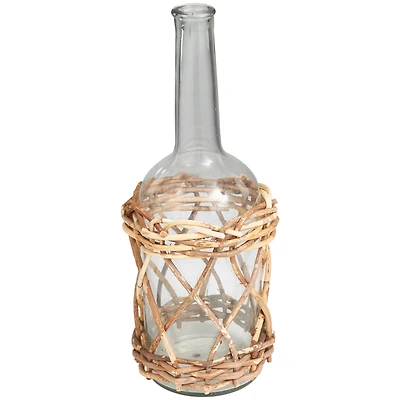 19" Clear Glass Handmade Vase with Brown Rattan Woven Lower Body
