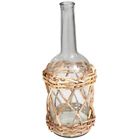 19" Clear Glass Handmade Vase with Brown Rattan Woven Lower Body