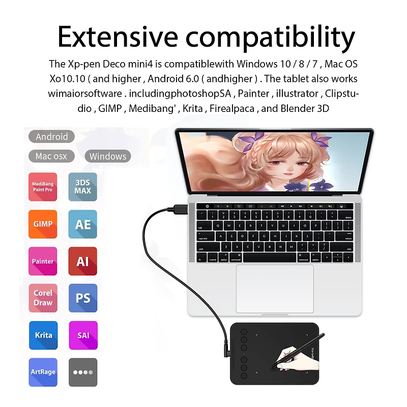 XPPen 4" x 3" Deco mini4 Portable Graphics Drawing Tablet