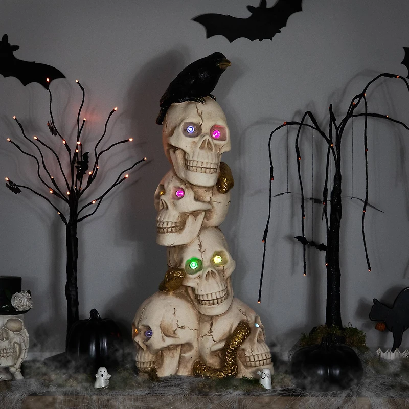 27.5" LED Skull Tower with Raven Halloween Decoration