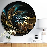 Designart Brown Blue Fractal Flower in Black Modern Wall Clock