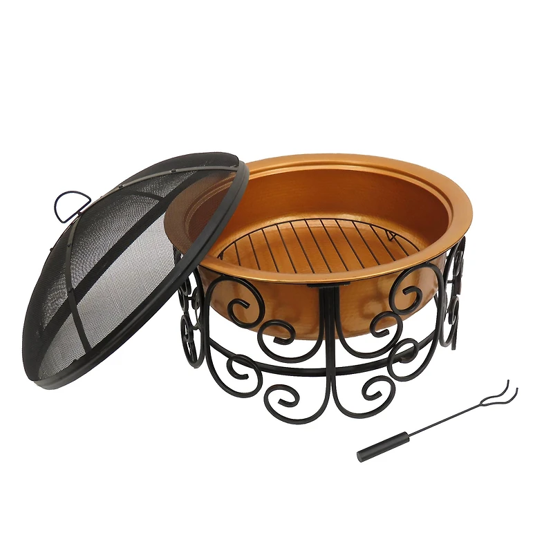 30" Deep Bowl Copper Fire Pit with Stand & Screen