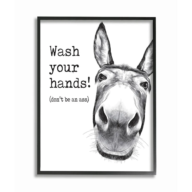 Stupell Industries Wash Your Hands Donkey Quote Bathroom Animal Humor Framed Wall Art