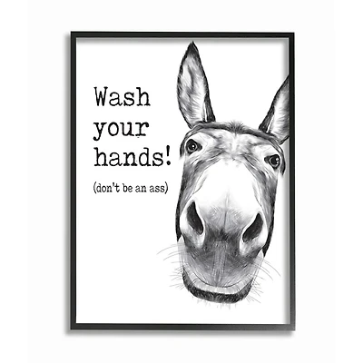 Stupell Industries Wash Your Hands Donkey Quote Bathroom Animal Humor Framed Wall Art