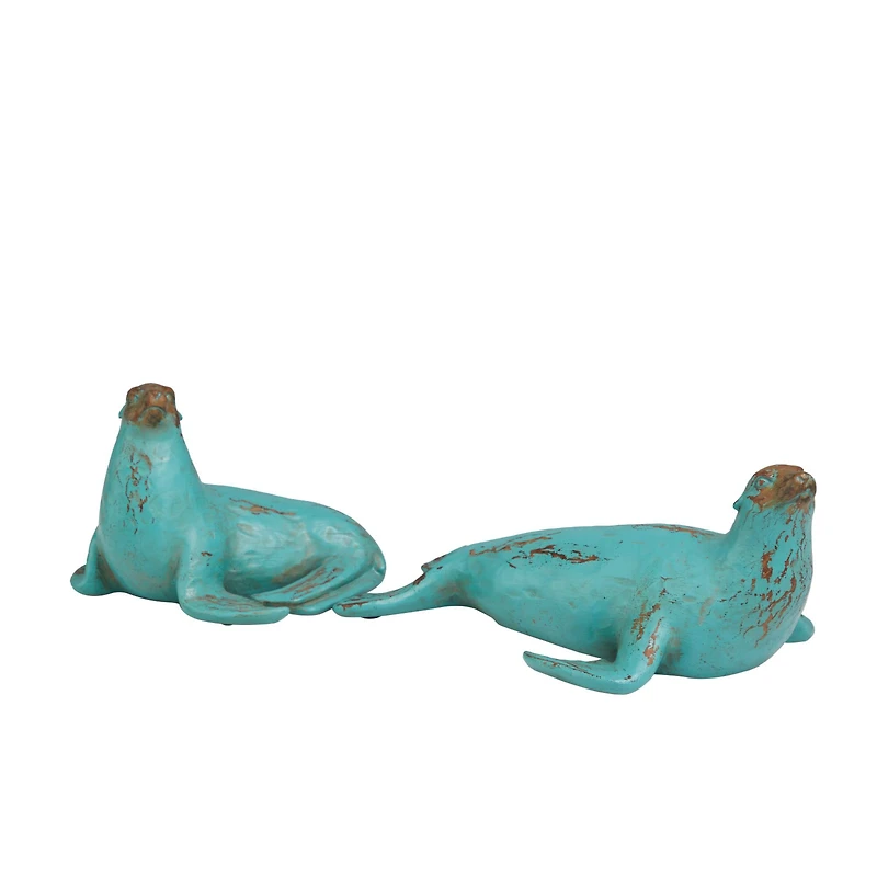 Teal Polystone Distressed Sea Lion Sculpture Set