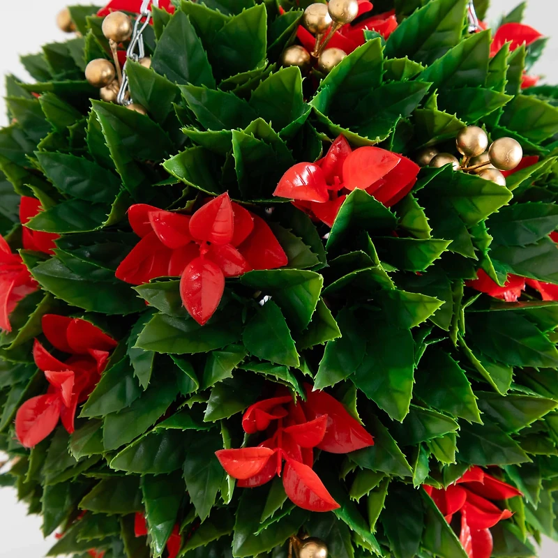 15in. UV Resistant Artificial Red Tip Photinia Christmas Hanging Ball with Gold Berries (Indoor/Outdoor)