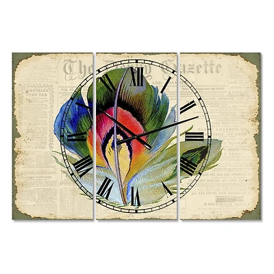 Designart Colorful Elegant Feather On Old Style Newspaper II Multipanel Wall Clock
