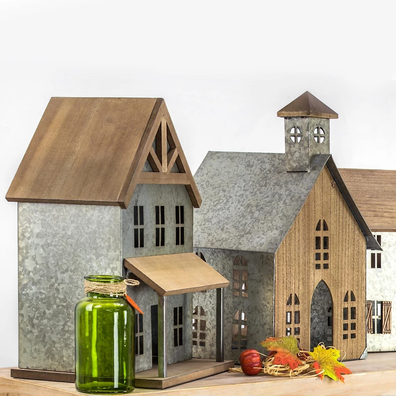 18.5" Wood & Metal Church Bird House Tabletop Accent