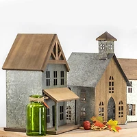 18.5" Wood & Metal Church Bird House Tabletop Accent