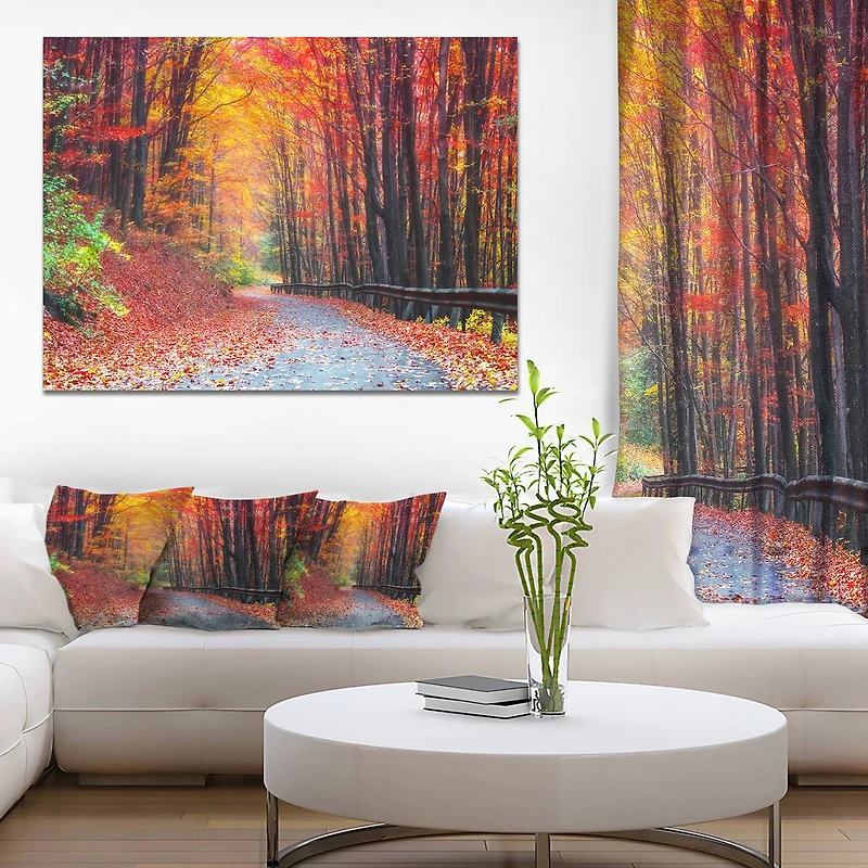 Designart "Road in Beautiful Autumn Forest" Modern Forest Canvas Art
