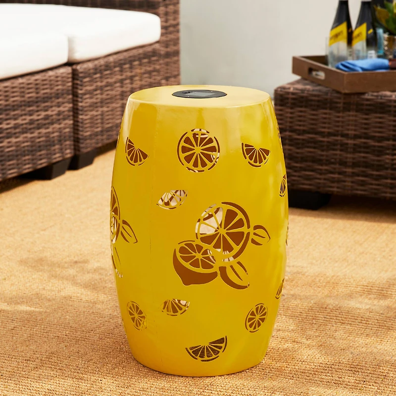 Glitzhome® 18.5" Yellow Iron Cutout Lemon Pattern Solar LED Garden Stool