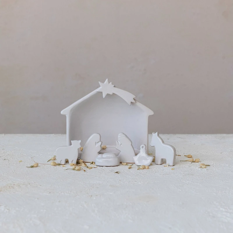Hello Honey® 5.5" White Stoneware Nativity Set in Reactive Glaze