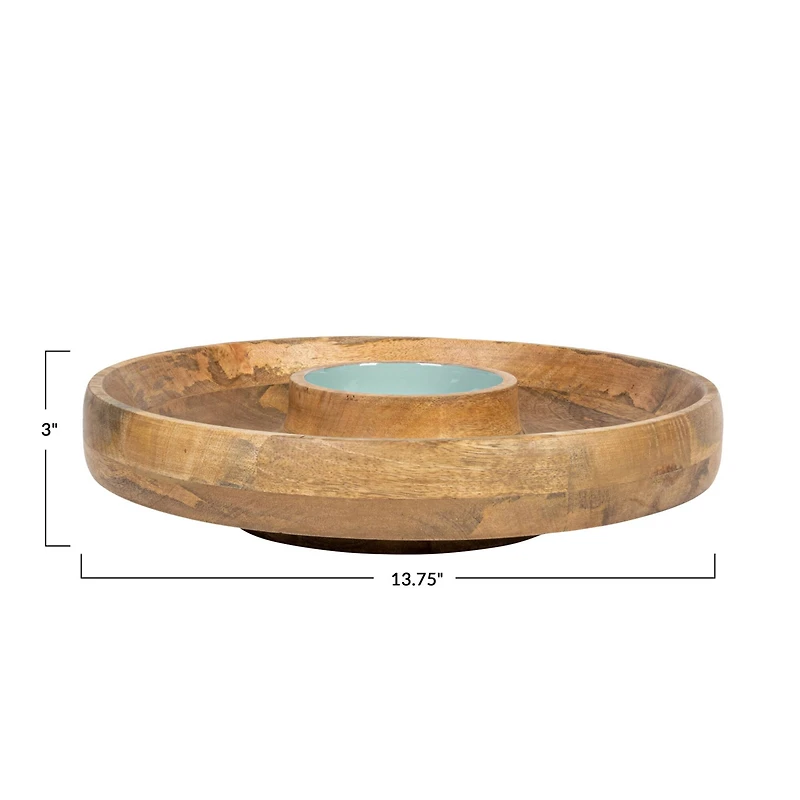 Hello Honey® 13.75" Mango Wood with Blue Enamel Center 2 Section Lazy Susan Server