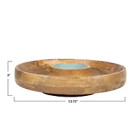 Hello Honey® 13.75" Mango Wood with Blue Enamel Center 2 Section Lazy Susan Server
