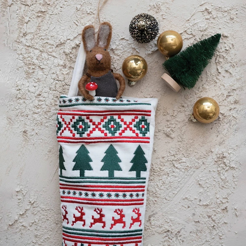 Hello Honey® 16.5" Cotton Velvet Embroidered Stocking with Holiday Pattern