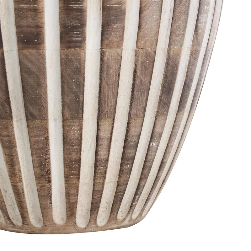 11" Brown Mango Wood Vase with Carved Grooves