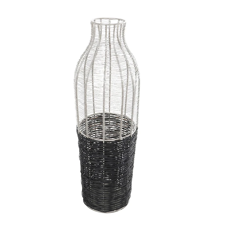 24" Silver Metal Vase with Woven Black Rattan Base