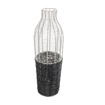 24" Silver Metal Vase with Woven Black Rattan Base