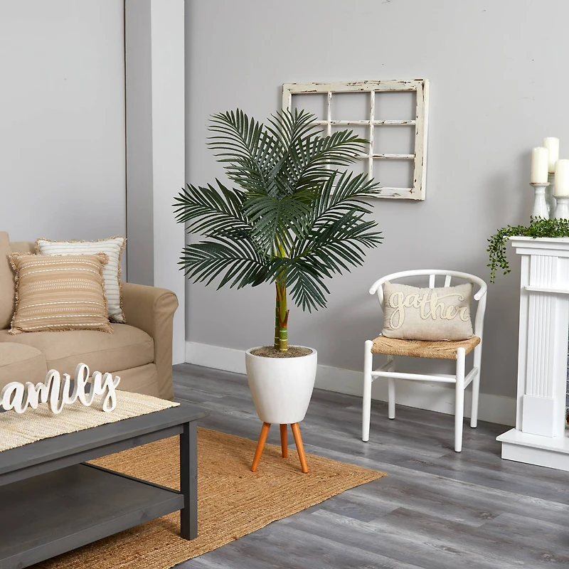 6.5ft. Golden Cane Palm Tree in White Planter with Stand