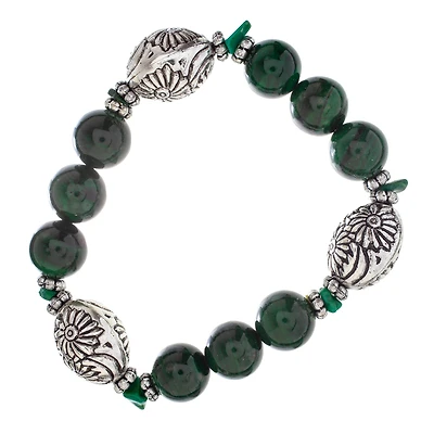 John Bead Malachite Natural Stone Stretch Bracelet with Flower Beads