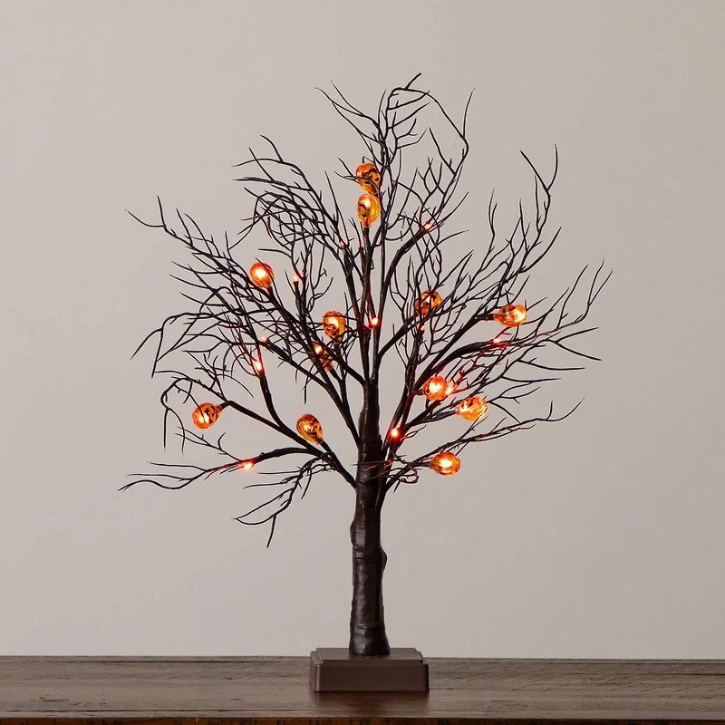 22in. Pre-Lit Artificial Halloween Brown Twig Tree with 12 Orange LED Pumpkin Shaped Lights