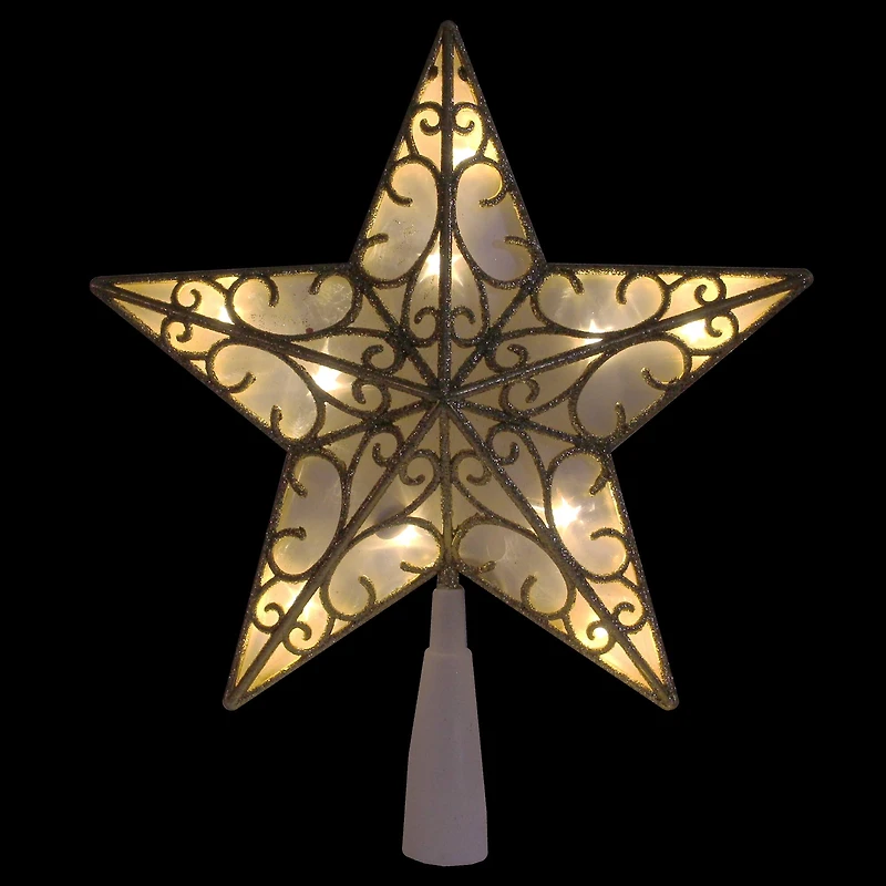 9" Gold & White Glittered Star LED Christmas Tree Topper, Warm White Lights