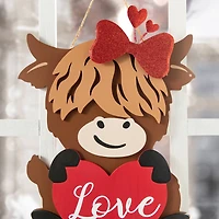 Glitzhome® 18" Valentine's Wooden Highland Cow Door Hanger