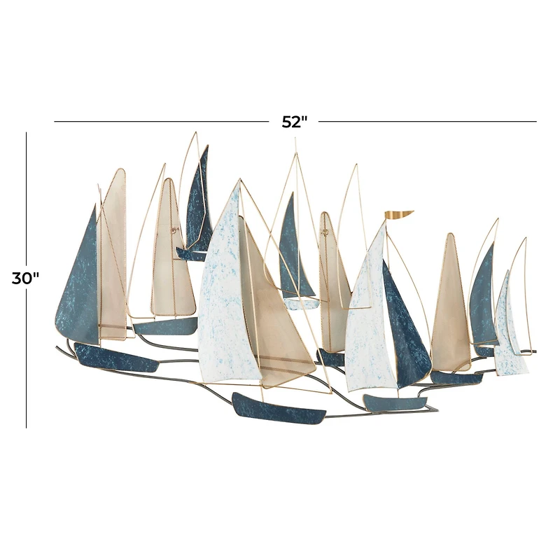 Blue Metal Sail Boat Wall Décor with Gold Wire Accents and Shimmer Details