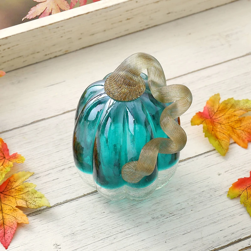 Glitzhome® Crackle Glass Pumpkin, Turquoise