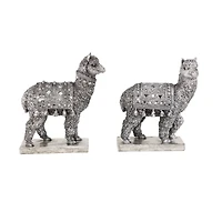 Set of 2 Silver Resin Eclectic Llama Sculpture, 10", 9"