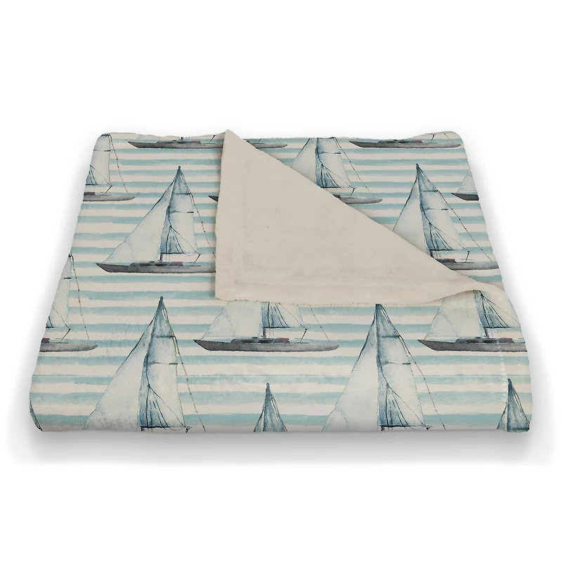Blue Boats on Stripes Coral Fleece Blanket