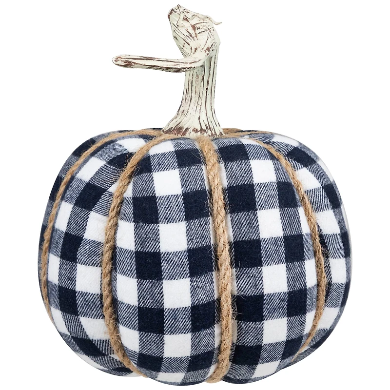 Dark Blue & White Plaid Fall Harvest Tabletop Pumpkin