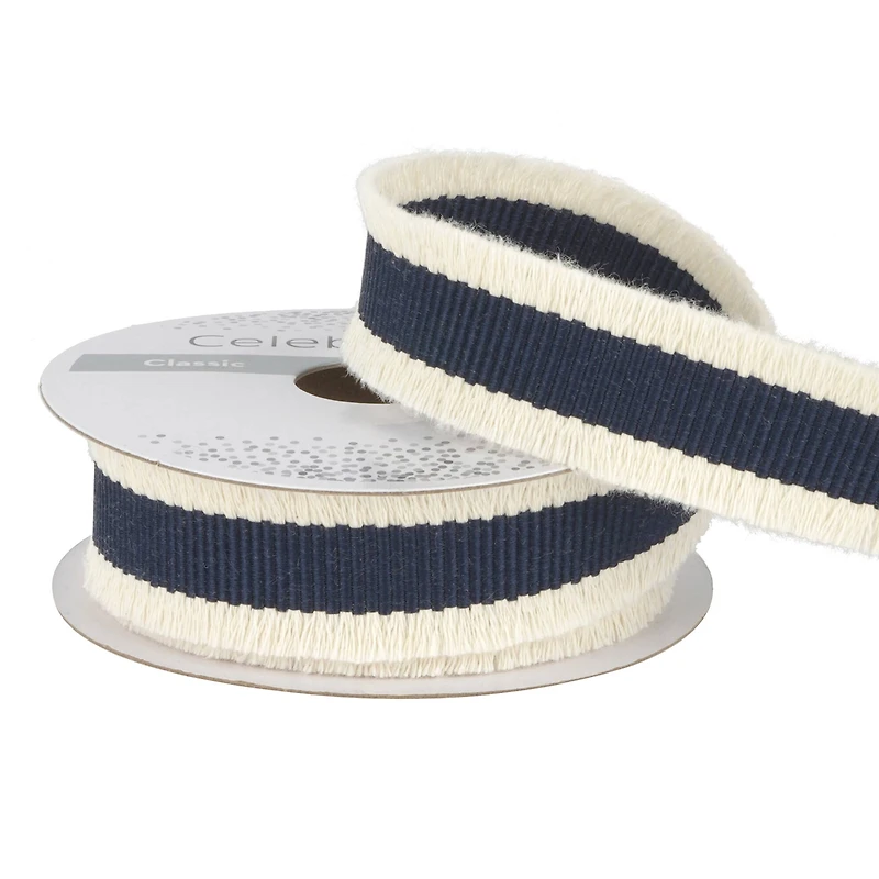 7/8'' x 5 yd. Navy and White Fringe Ribbon by Celebrate It®